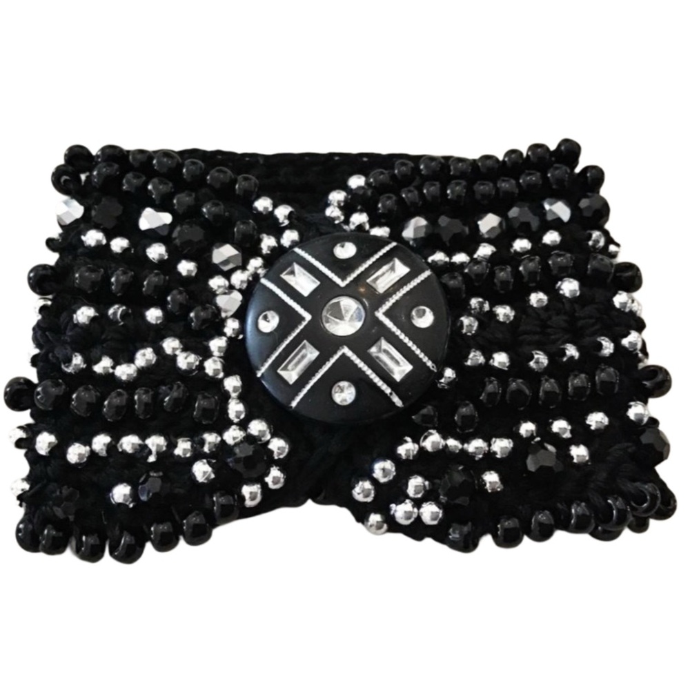 Black and Silver Crochet Beaded Cuff Bracelet
